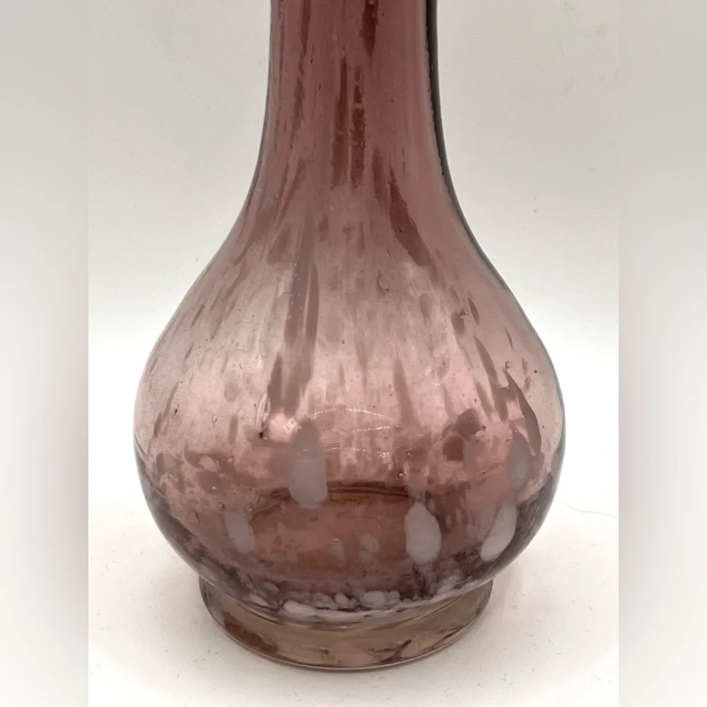 Vintage Purple Handblown Art Glass Bud Vase Ruffled Edges White Mottled 6.5 in